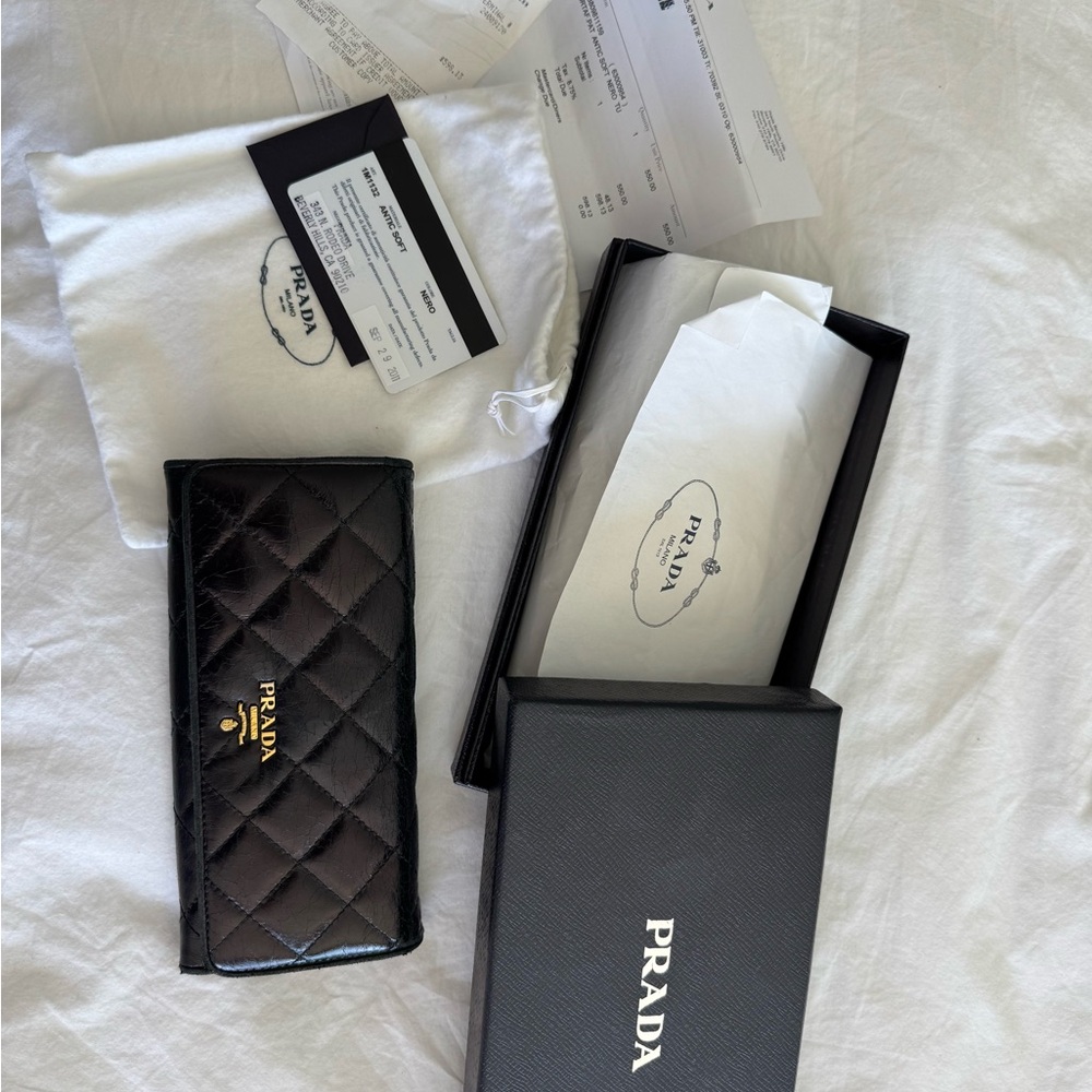 Prada Portofino Antic Quilted Black Wallet with Gold details in original Box